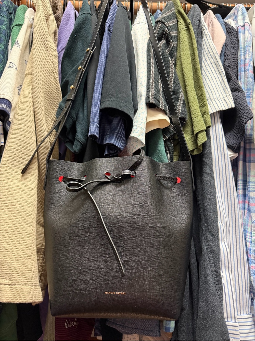 Mansur Gavriel Black Leather Drawstring Bucket Bag with Red Interior